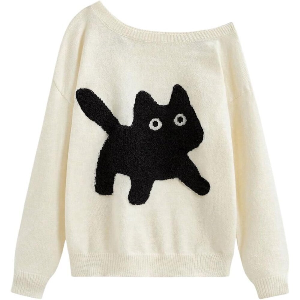 Women's Off Shoulder Sweater Cat Print Long Sleeve Fall Trend Pullover Top